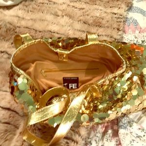 Fashion Express FE gold sequin shoulder tote.